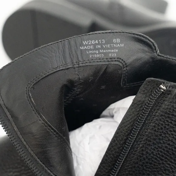 COLE HAAN. Black Padded River Almond Toe Block Heel Zip-Up Leather Booties.