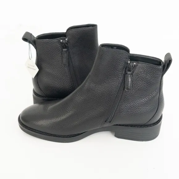 COLE HAAN. Black Padded River Almond Toe Block Heel Zip-Up Leather Booties.
