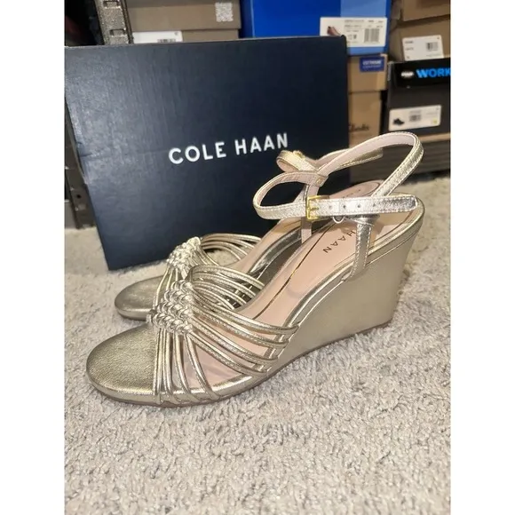 Cole Haan Jitney Knot Sandals Gold Wedge Women's Size 8 Brand New