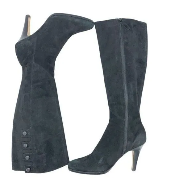 Cole Haan Nike Air Aliya Black Suede Knee-high Heeled Boots w/3 Button Detail