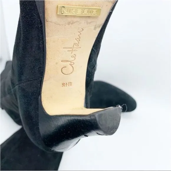 Cole Haan Nike Air Aliya Black Suede Knee-high Heeled Boots w/3 Button Detail