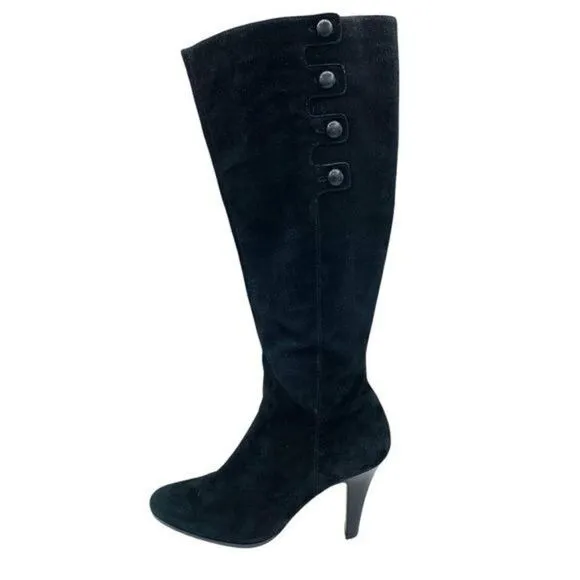 Cole Haan Nike Air Aliya Black Suede Knee-high Heeled Boots w/3 Button Detail