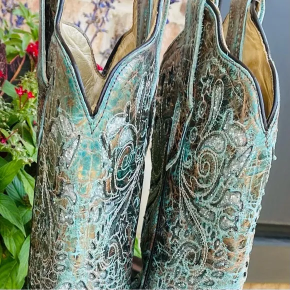 CORRAL Bronce Metallic Leather Turquoise Inlay Cowboy Boots Blue Bronze Size 8