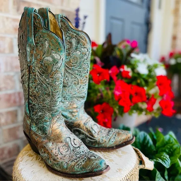 CORRAL Bronce Metallic Leather Turquoise Inlay Cowboy Boots Blue Bronze Size 8