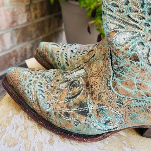 CORRAL Bronce Metallic Leather Turquoise Inlay Cowboy Boots Blue Bronze Size 8