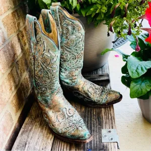 CORRAL Bronce Metallic Leather Turquoise Inlay Cowboy Boots Blue Bronze Size 8