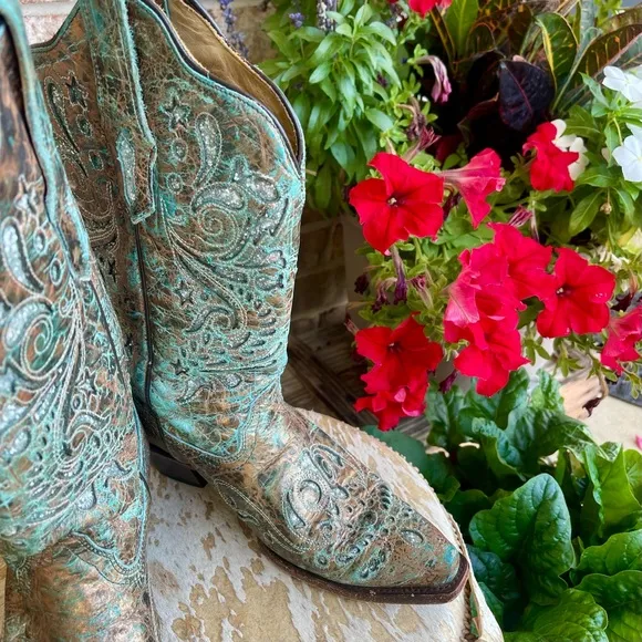 CORRAL Bronce Metallic Leather Turquoise Inlay Cowboy Boots Blue Bronze Size 8