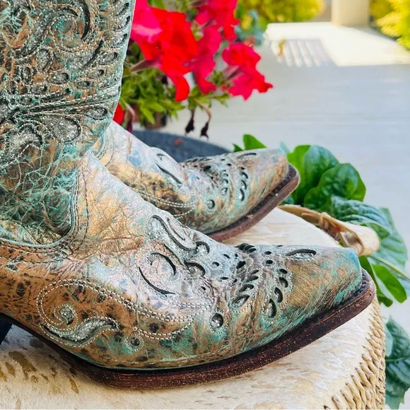 CORRAL Bronce Metallic Leather Turquoise Inlay Cowboy Boots Blue Bronze Size 8