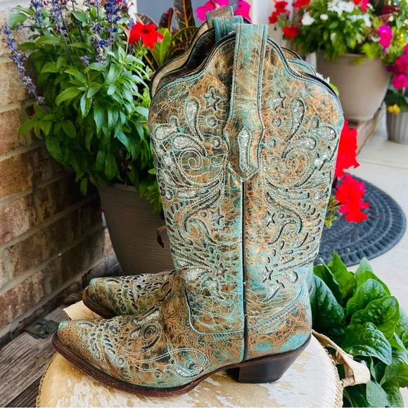 CORRAL Bronce Metallic Leather Turquoise Inlay Cowboy Boots Blue Bronze Size 8