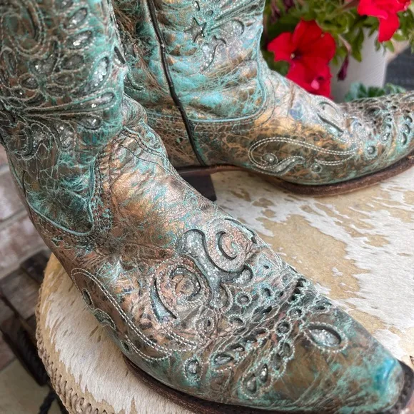 CORRAL Bronce Metallic Leather Turquoise Inlay Cowboy Boots Blue Bronze Size 8