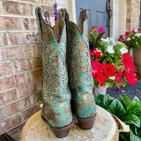 CORRAL Bronce Metallic Leather Turquoise Inlay Cowboy Boots Blue Bronze Size 8