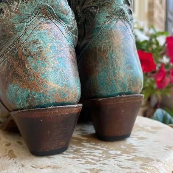 CORRAL Bronce Metallic Leather Turquoise Inlay Cowboy Boots Blue Bronze Size 8
