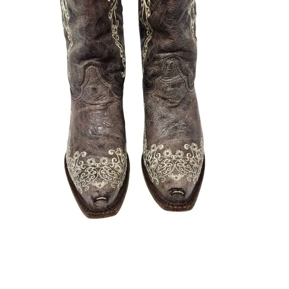 Corral Leather Crater Embroidered Cowgirl Boots Western Snip Toe Brown Size 10 M