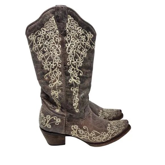 Corral Leather Crater Embroidered Cowgirl Boots Western Snip Toe Brown Size 10 M