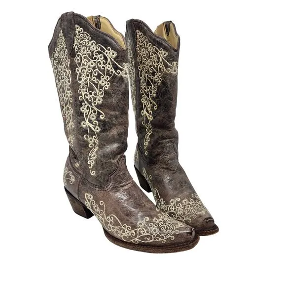Corral Leather Crater Embroidered Cowgirl Boots Western Snip Toe Brown Size 10 M