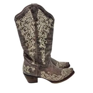 Corral Leather Crater Embroidered Cowgirl Boots Western Snip Toe Brown Size 10 M