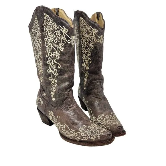 Corral Leather Crater Embroidered Cowgirl Boots Western Snip Toe Brown Size 10 M