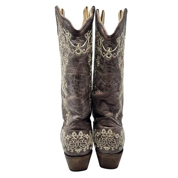Corral Leather Crater Embroidered Cowgirl Boots Western Snip Toe Brown Size 10 M
