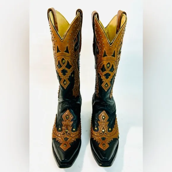 Corral Western Studded Tooled Leather Overlay Cowgirl Boots Black/Brown sz 6.5