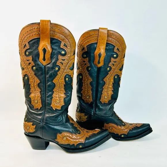 Corral Western Studded Tooled Leather Overlay Cowgirl Boots Black/Brown sz 6.5
