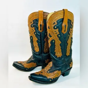 Corral Western Studded Tooled Leather Overlay Cowgirl Boots Black/Brown sz 6.5