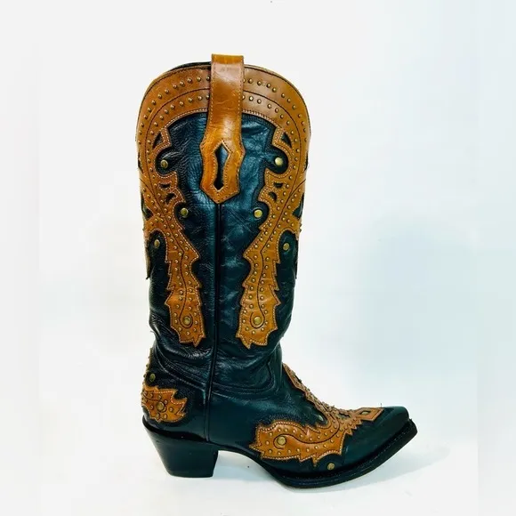 Corral Western Studded Tooled Leather Overlay Cowgirl Boots Black/Brown sz 6.5