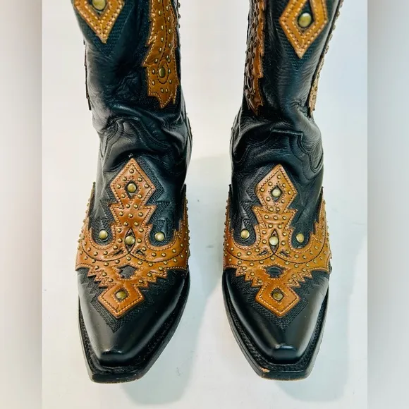 Corral Western Studded Tooled Leather Overlay Cowgirl Boots Black/Brown sz 6.5