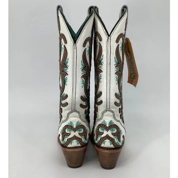 Corral Women 6M White Leather Embroidery Cowboy Western Boots Snip Toe T4-3