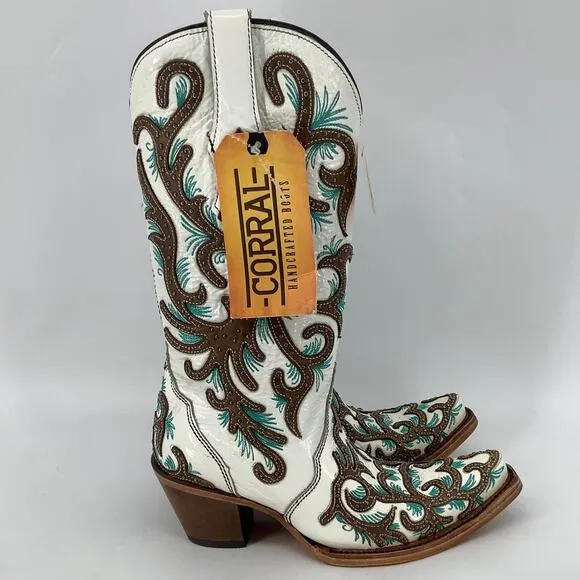 Corral Women 6M White Leather Embroidery Cowboy Western Boots Snip Toe T4-3