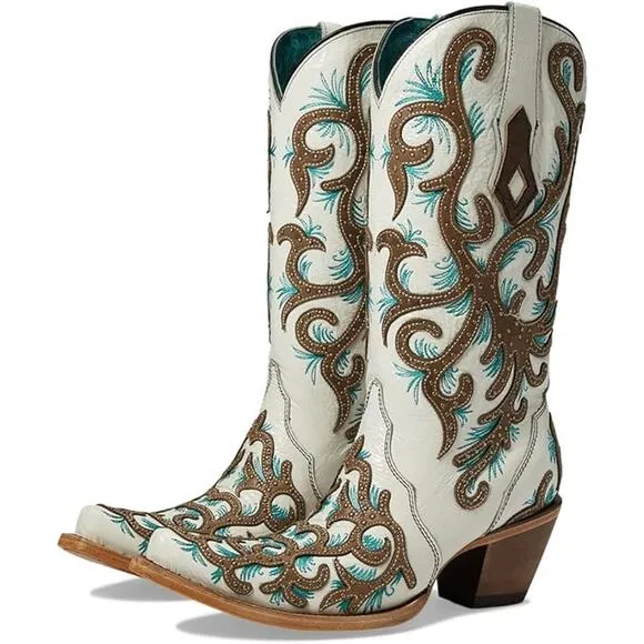 Corral Women 6M White Leather Embroidery Cowboy Western Boots Snip Toe T4-3