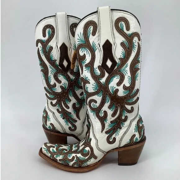Corral Women 6M White Leather Embroidery Cowboy Western Boots Snip Toe T4-3
