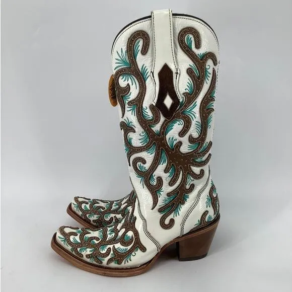 Corral Women 6M White Leather Embroidery Cowboy Western Boots Snip Toe T4-3