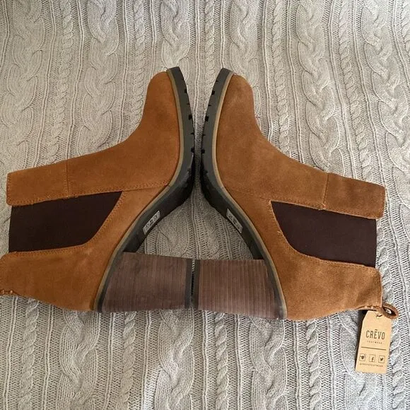 Crevo Alicia Tan Brown Leather Suede Round Toe Block Heel Casual Fall Boots