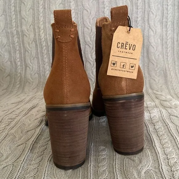 Crevo Alicia Tan Brown Leather Suede Round Toe Block Heel Casual Fall Boots