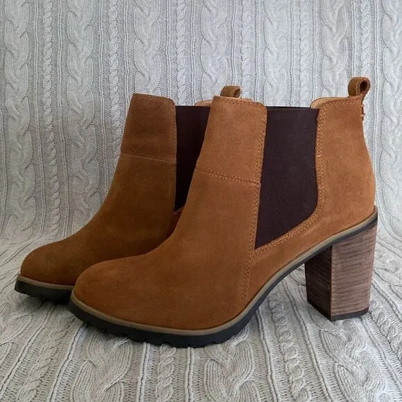 Crevo Alicia Tan Brown Leather Suede Round Toe Block Heel Casual Fall Boots
