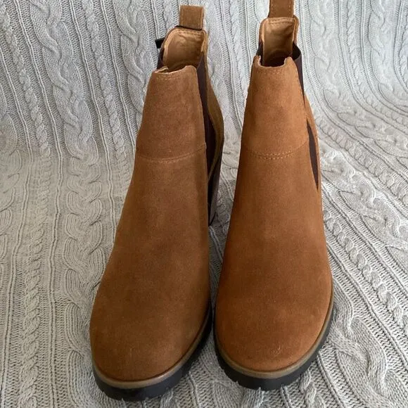 Crevo Alicia Tan Brown Leather Suede Round Toe Block Heel Casual Fall Boots