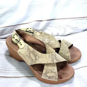 Dansko Jacinda Khaki Tan Snakeskin Leather Slingback Sandals Womens 37 Faux Wood