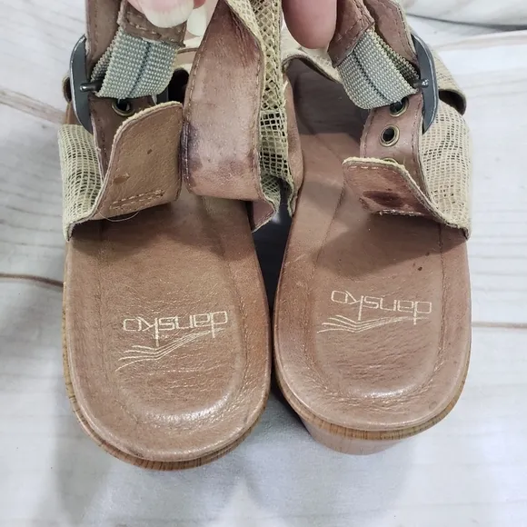 Dansko Jacinda Khaki Tan Snakeskin Leather Slingback Sandals Womens 37 Faux Wood