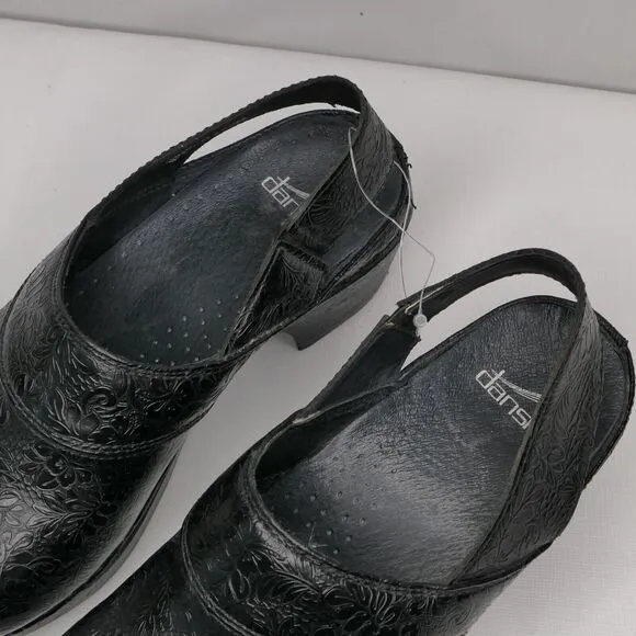 DANSKO Pearl Black Leather Embossed Slingback Heel Clog Mule Sz EU 37 US 7 7.5