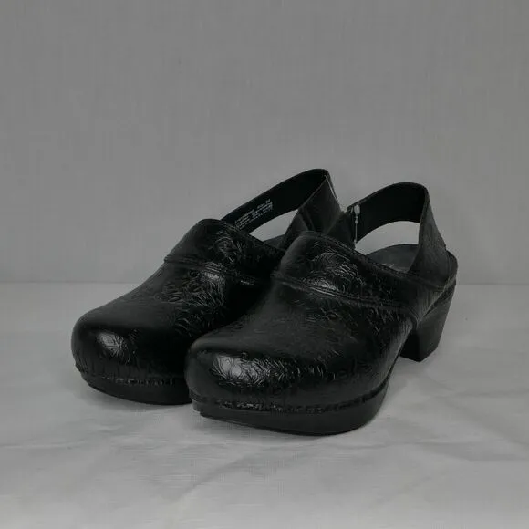 DANSKO Pearl Black Leather Embossed Slingback Heel Clog Mule Sz EU 37 US 7 7.5