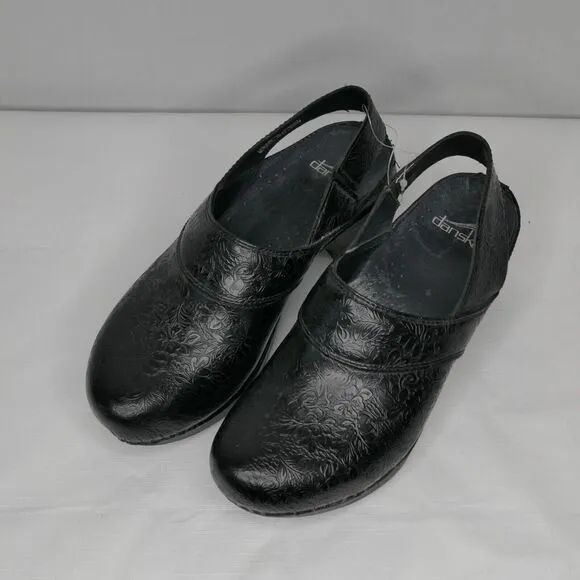 DANSKO Pearl Black Leather Embossed Slingback Heel Clog Mule Sz EU 37 US 7 7.5
