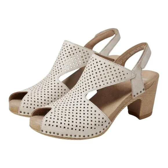 Dansko Teagan Womens Beige Perforated Leather Heeled Sandals SZ 40 EU/ 9.5-10 US