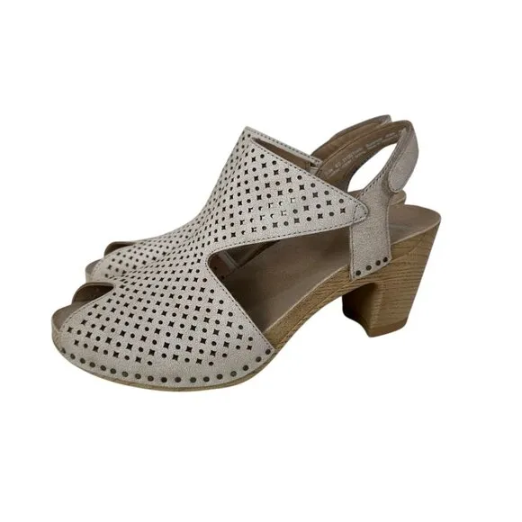 Dansko Teagan Womens Beige Perforated Leather Heeled Sandals SZ 40 EU/ 9.5-10 US
