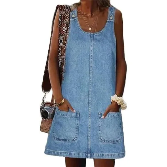 Denim Overall Dress for Women Casual Mini Sleeveless Jean Vintage Jumper