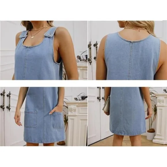 Denim Overall Dress for Women Casual Mini Sleeveless Jean Vintage Jumper