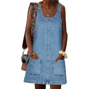 Denim Overall Dress for Women Casual Mini Sleeveless Jean Vintage Jumper