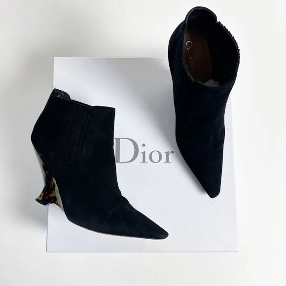 DIOR Black Optic-D Tortoiseshell Heel Ankle Boot Size 37.5 Pointed Toe Leather
