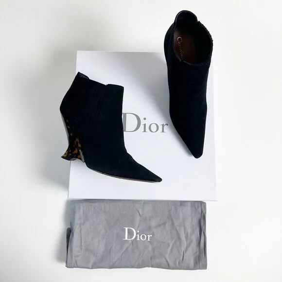 DIOR Black Optic-D Tortoiseshell Heel Ankle Boot Size 37.5 Pointed Toe Leather
