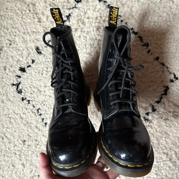 Doc Martens women's 7 black patent laceup combat boots casual festival goth punk