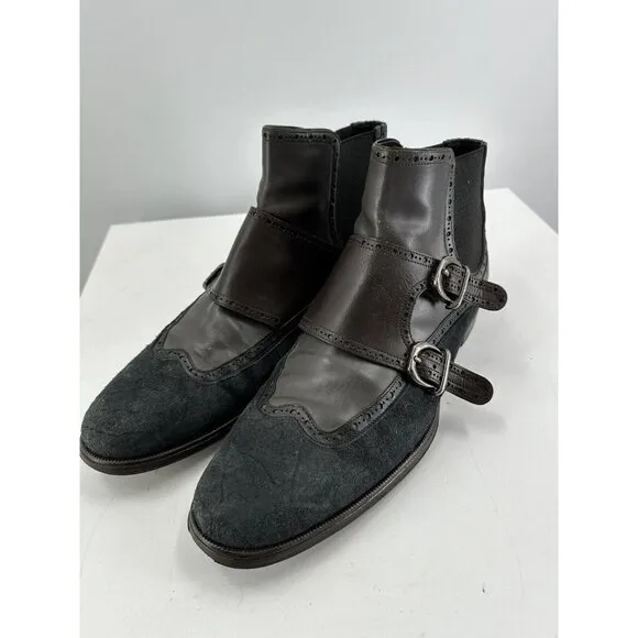 Dolce And Gabbana Double Monk Strap Distressed Suede &amp; Leather Boots Size 11.5-U